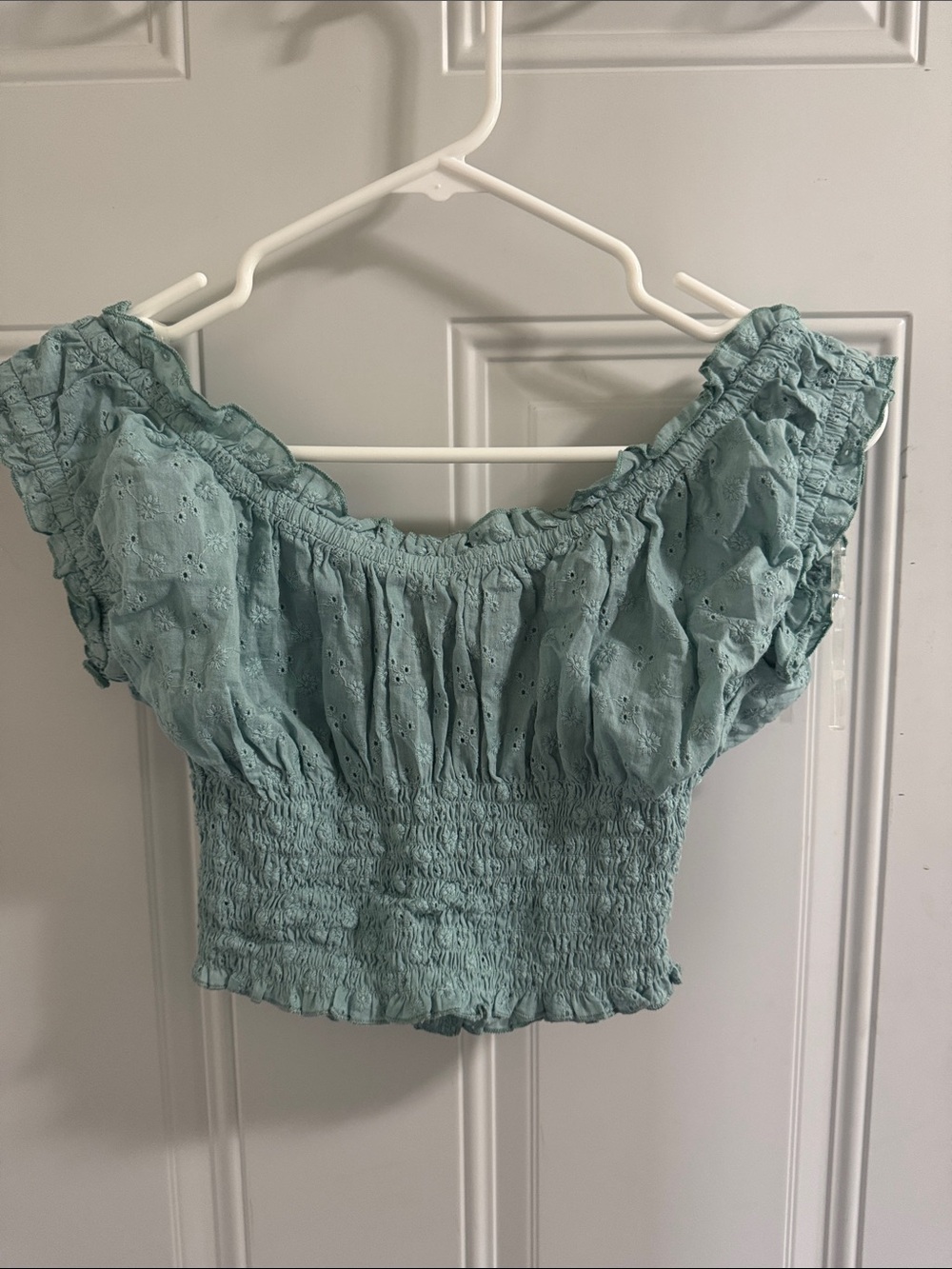 Light Blue Smocked Off-Shoulder Eyelet Crop Top